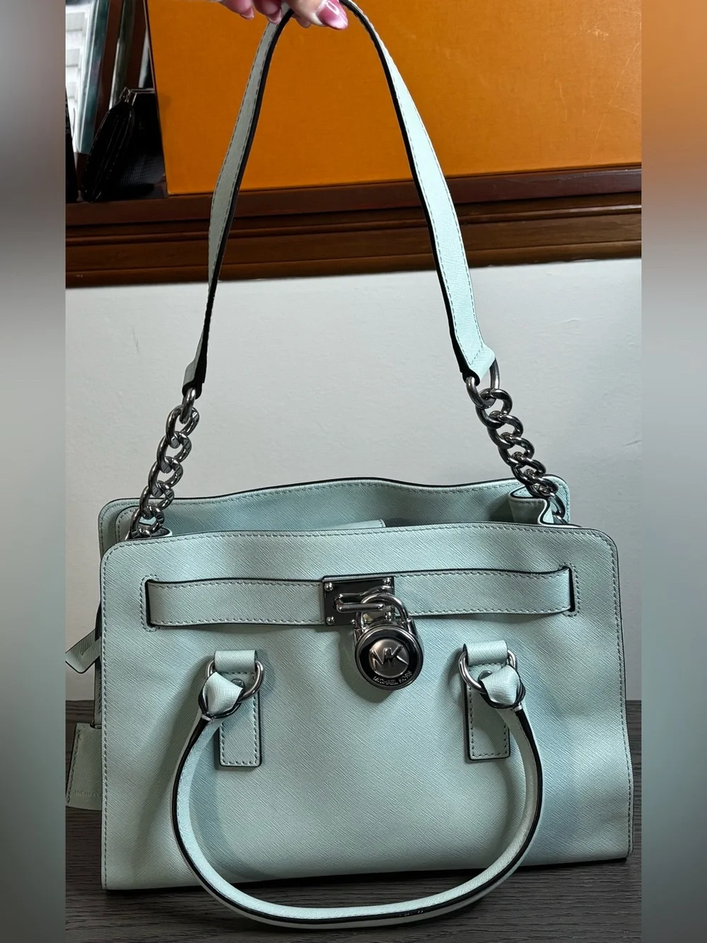 Michael Kors Hamilton Mint Green Saffiano Leather Satchel Tote Silver Lock Bag